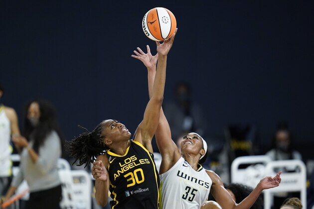 Los Angeles Sparks forward Nneka Ogwumike (30) and Dallas Wings forward Charli Collier (35) participate in a jump ball during the second quarter of a WBNA basketball game Friday, May 14, 2021, in Los Angeles. (AP Photo/Ashley Landis)