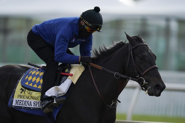 Exercise rider Humberto Gomez takes Kentucky Derby winner and Preakness entrant Medina Spirit over the track during a training session ahead of the Preakness Stakes at Pimlico Race Course, Wednesday, May 12, 2021, in Baltimore. (AP Photo/Julio Cortez)