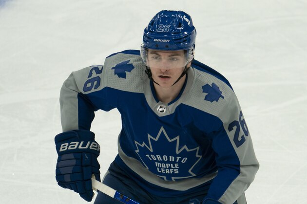 Toronto Maple Leafs left winger Jimmy Vesey(26) during an NHL hockey game against the Toronto Maple Leafs, Tuesday, March 9, 2021, in Toronto, Canada. (AP Photo/Peter Power)