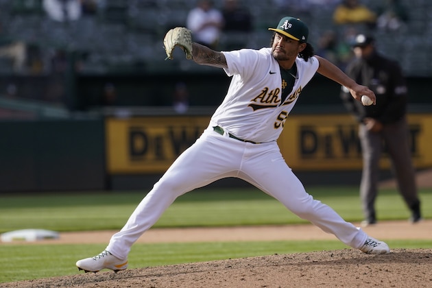 Oakland Athletics pitcher Sean Manaea against the Minnesota Twins during the first baseball game of a doubleheader in Oakland, Calif., Tuesday, April 20, 2021. (AP Photo/Jeff Chiu)