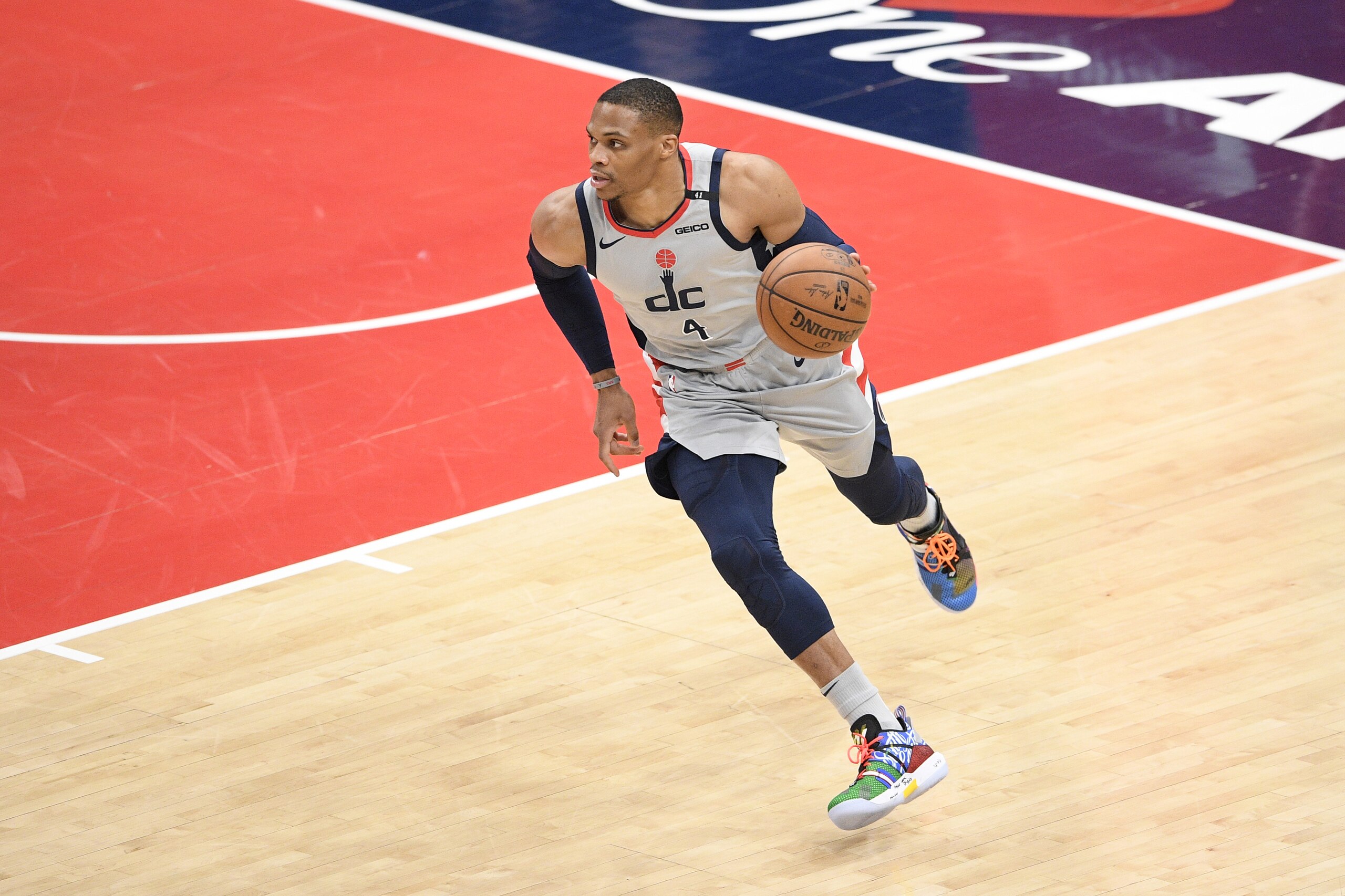 Washington Wizards guard Russell Westbrook dribbles the ball during the first half of an NBA basketball game against the Charlotte Hornets, Sunday, May 16, 2021, in Washington. (AP Photo/Nick Wass)