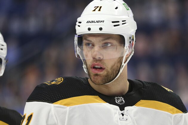 Boston Bruins forward Taylor Hall (71) during the second period of an NHL hockey game against the Buffalo Sabres, Tuesday, April 20, 2021, in Buffalo, N.Y. (AP Photo/Jeffrey T. Barnes)