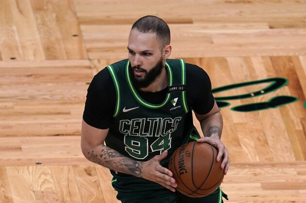 Boston Celtics guard Evan Fournier (94) during the first half of an NBA basketball game, Tuesday, May 11, 2021, in Boston. (AP Photo/Charles Krupa)