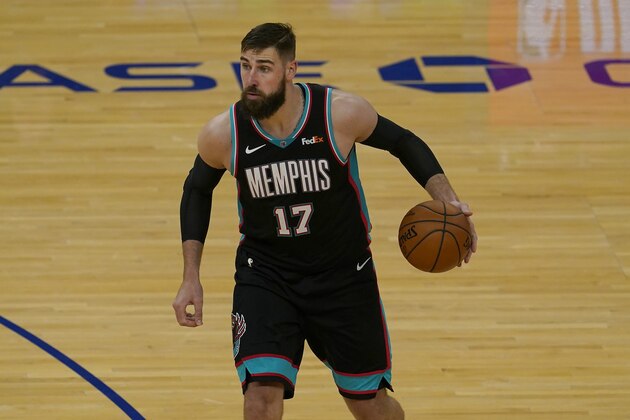 Memphis Grizzlies' Jonas Valanciunas during an NBA basketball game against the Golden State Warriors in San Francisco, Sunday, May 16, 2021. (AP Photo/Jeff Chiu)