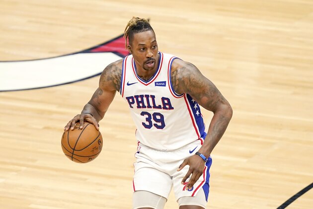 Philadelphia 76ers' Dwight Howard looks to pass during the second half of an NBA basketball game against the Chicago Bulls Monday, May 3, 2021, in Chicago. The 76ers won 106-94. (AP Photo/Charles Rex Arbogast)