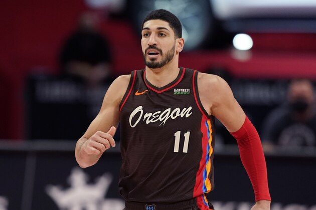 Portland Trail Blazers center Enes Kanter plays during the second half of an NBA basketball game, Wednesday, March 31, 2021, in Detroit. (AP Photo/Carlos Osorio)