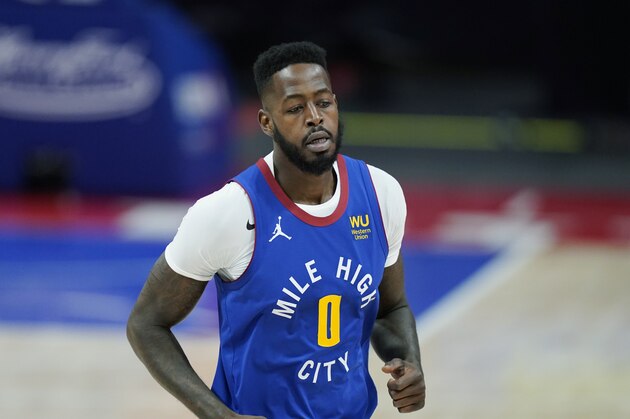 Denver Nuggets forward JaMychal Green plays during the first half of an NBA basketball game, Friday, May 14, 2021, in Detroit. (AP Photo/Carlos Osorio)
