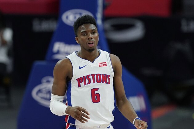 Detroit Pistons guard Hamidou Diallo plays during the second half of an NBA basketball game, Friday, May 14, 2021, in Detroit. (AP Photo/Carlos Osorio)