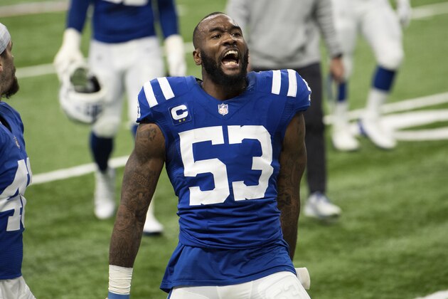 Indianapolis Colts linebacker Darius Leonard (53) celebrates after an NFL football game against the Jacksonville Jaguars on Sunday, Jan. 3, 2021, in Indianapolis. (AP Photo/Zach Bolinger)