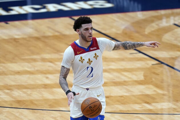 New Orleans Pelicans guard Lonzo Ball (2) moves the ball up court in the second half of an NBA basketball game against the Golden State Warriors in New Orleans, Tuesday, May 4, 2021. (AP Photo/Gerald Herbert)