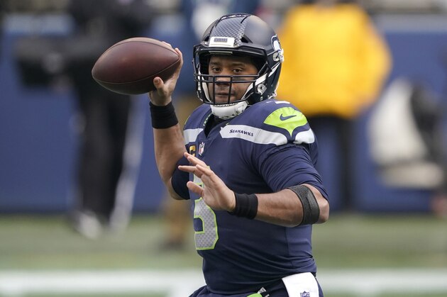 Seattle Seahawks quarterback Russell Wilson (3) in action against the Los Angeles Rams during an NFL wild-card playoff football game, Saturday, Jan. 9, 2021, in Seattle. (AP Photo/Ted S. Warren)