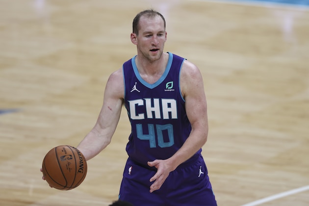 Charlotte Hornets center Cody Zeller looks to pass against the Houston Rockets in the second half of an NBA basketball game in Charlotte, N.C., Monday, Feb. 8, 2021. Charlotte won 119-94. (AP Photo/Nell Redmond)
