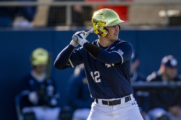 Notre Dame's Brooks Coetzee at bat during an NCAA baseball game against Florida State on Friday, May 7, 2021, in South Bend, Ind. (AP Photo/Robert Franklin)