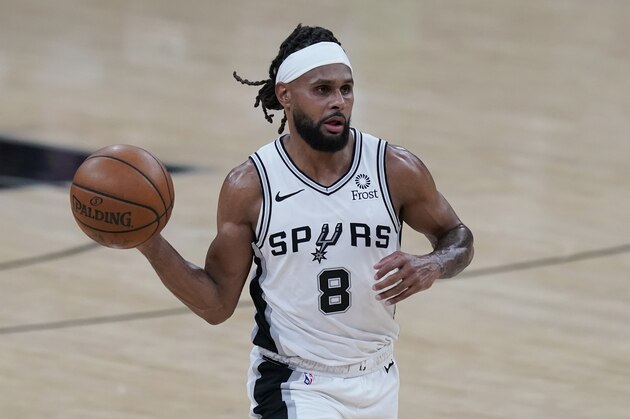 San Antonio Spurs guard Patty Mills (8) during the second half of an NBA basketball game against the Phoenix Suns in San Antonio, Saturday, May 15, 2021. (AP Photo/Eric Gay)