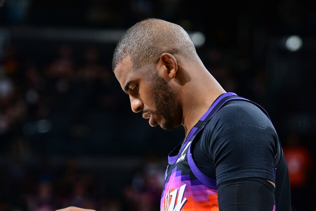 PHOENIX, AZ - MAY 23: Chris Paul #3 of the Phoenix Suns looks on during Round 1, Game 1 of the 2021 NBA Playoffs on May 23, 2021 at Phoenix Suns Arena in Phoenix, Arizona. NOTE TO USER: User expressly acknowledges and agrees that, by downloading and or using this photograph, user is consenting to the terms and conditions of the Getty Images License Agreement. Mandatory Copyright Notice: Copyright 2021 NBAE (Photo by Michael Gonzales/NBAE via Getty Images)
