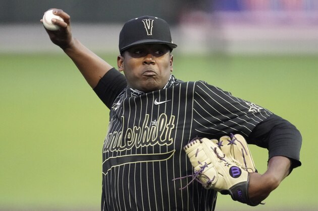 Vanderbilt pitcher Kumar Rocker throws against Mississippi State in an NCAA college baseball game Friday, April 23, 2021, in Nashville, Tenn. (AP Photo/Mark Humphrey)