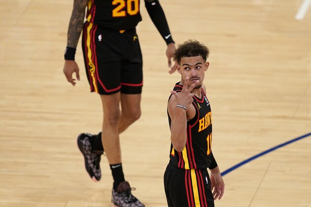 Atlanta Hawks' Trae Young gestures during the second half of Game 1 of an NBA basketball first-round playoff series against the New York Knicks, Sunday, May 23, 2021, in New York. (AP Photo/Seth Wenig, Pool)