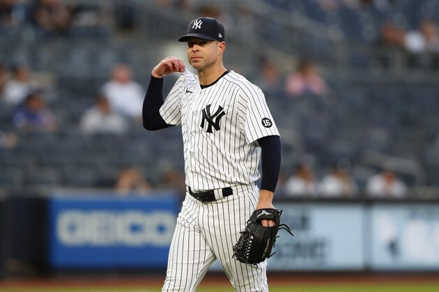 New York Yankees starting pitcher Corey Kluber (28) goes to the dugout after the second inning of a baseball game against the Toronto Blue Jays, Tuesday, May 25, 2021, in New York. (AP Photo/Noah K. Murray)
