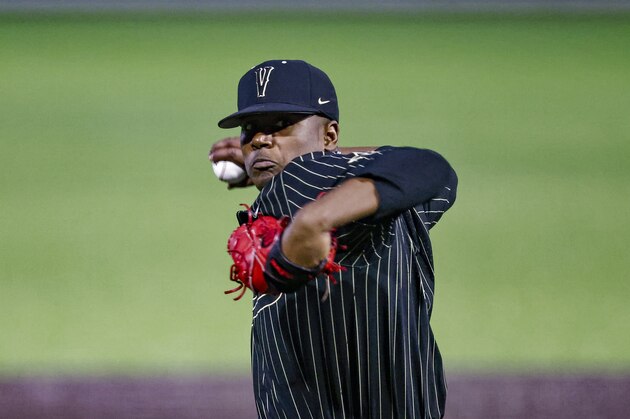 Vanderbilt's Kumar Rocker throws to a batter during an NCAA baseball game against Georgia on Thursday, April 8, 2021, in Nashville. (AP Photo/Wade Payne)