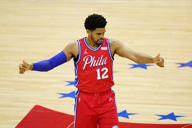 Philadelphia 76ers' Tobias Harris plays during an NBA basketball game against the Orlando Magic, Friday, May 14, 2021, in Philadelphia. (AP Photo/Matt Slocum)