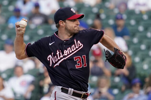 Washington Nationals starting pitcher Max Scherzer throws against the Chicago Cubs during the first inning of a baseball game in Chicago, Wednesday, May 19, 2021. (AP Photo/Nam Y. Huh)