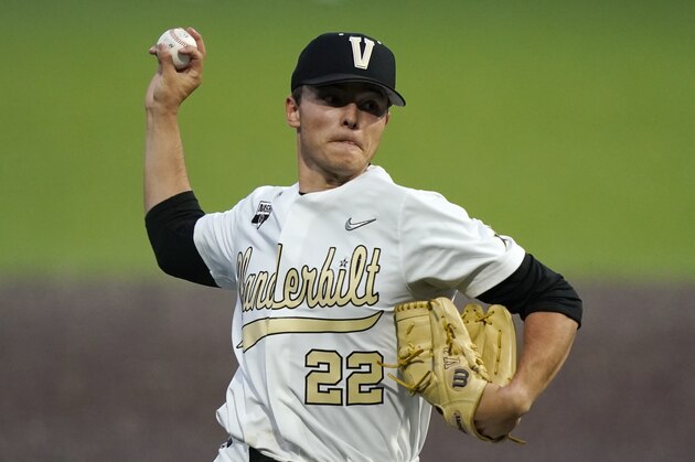 Vanderbilt pitcher Jack Leiter throws against Mississippi State in an NCAA college baseball game Saturday, April 24, 2021, in Nashville, Tenn. (AP Photo/Mark Humphrey)