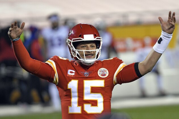 Kansas City Chiefs quarterback Patrick Mahomes celebrates at the end of the AFC championship NFL football game against the Buffalo Bills, Sunday, Jan. 24, 2021, in Kansas City, Mo. The Chiefs won 38-24. (AP Photo/Reed Hoffmann)
