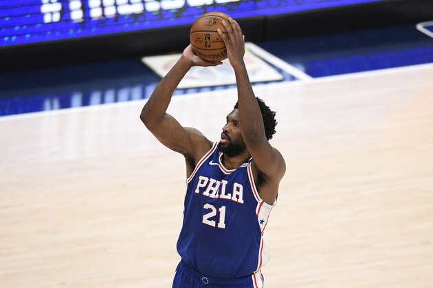 Philadelphia 76ers center Joel Embiid (21) in action during the second half of Game 3 in a first-round NBA basketball playoff series against the Washington Wizards, Saturday, May 29, 2021, in Washington. (AP Photo/Nick Wass)
