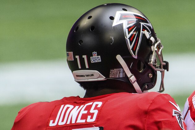 Atlanta Falcons wide receiver Julio Jones (11) pays tribute to Breonna Taylor with a decal on his helmet during the first half of an NFL football game against the Detroit Lions, Sunday, Oct. 25, 2020, in Atlanta. The Detroit Lions won 23-22. (AP Photo/Danny Karnik)