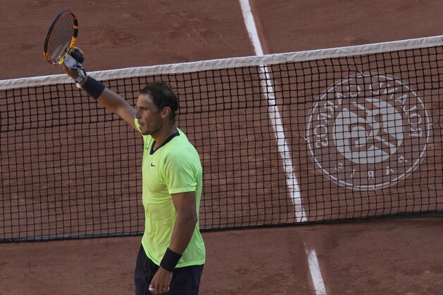 Spain's Rafael Nadal celebrates after defeating Australia's Alexei Popyrin after their first round match on day three of the French Open tennis tournament at Roland Garros in Paris, France, Tuesday, June 1, 2021. (AP Photo/Christophe Ena) Spain's Rafael Nadal celebrates after defeating Australia's Alexei Popyrin after their first round match on day three of the French Open tennis tournament at Roland Garros in Paris, France, Tuesday, June 1, 2021. (AP Photo/Christophe Ena)