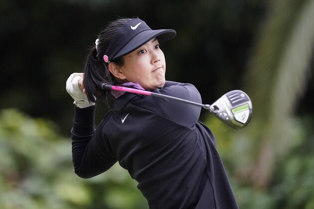 Michelle Wie West tees off at the 10th hole during the second round of the LPGA's Hugel-Air Premia LA Open golf tournament at Wilshire Country Club Thursday, April 22, 2021, in Los Angeles. (AP Photo/Ashley Landis)