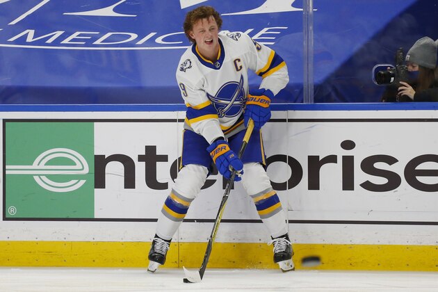 Buffalo Sabres forward Jack Eichel (9) skates during warmups prior to the first period of an NHL hockey game against the Philadelphia Flyers, Sunday, Feb. 28, 2021, in Buffalo, N.Y. (AP Photo/Jeffrey T. Barnes)