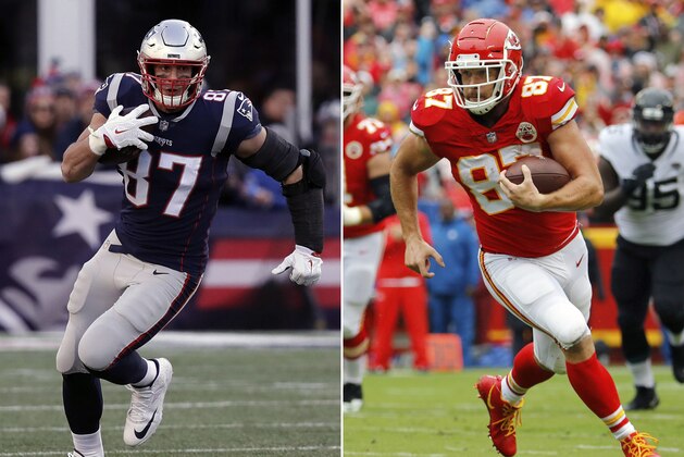 FILE - At left, in a Dec. 30, 2018, file photo, New England Patriots tight end Rob Gronkowski runs during the second half of an NFL football game in Foxborough, Mass. At right, in an Oct. 7, 2018, file photo, Kansas City Chiefs tight end Travis Kelce carries the ball during the first half of an NFL football game against the Jacksonville Jaguars in Kansas City, Mo. Brady and Mahomes get plenty of attention, but they can’t do it alone. Patriots running back James White tied Darren Sproles’ postseason record with 15 catches in their 41-28 divisional victory over the Chargers, while Rob Gronkowski and Julian Edelman remain dangerous threats. The Chiefs counter with the pass-catching trio of speedy Tyreek Hill, Sammy Watkins and sure-handed Travis Kelce. (AP Photo/File)