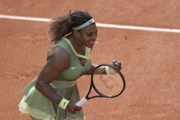 United States Serena Williams celebrates after defeating United States's Danielle Collins during their third round match on day 6, of the French Open tennis tournament at Roland Garros in Paris, France, Friday, June 4, 2021. (AP Photo/Christophe Ena)