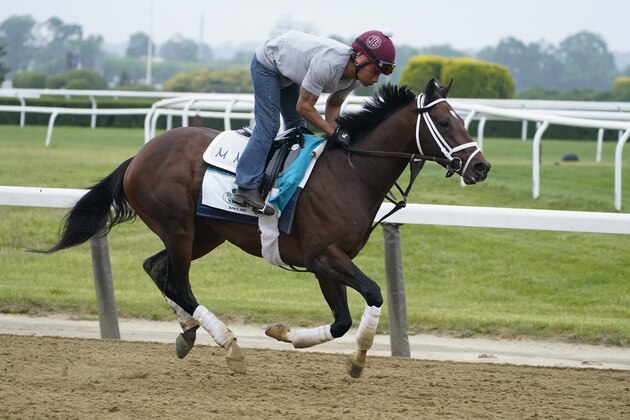 Rombauer trains ahead of the 153rd running of the Belmont Stakes horse race in Elmont, N.Y., Thursday, June 3, 2021. (AP Photo/Seth Wenig)