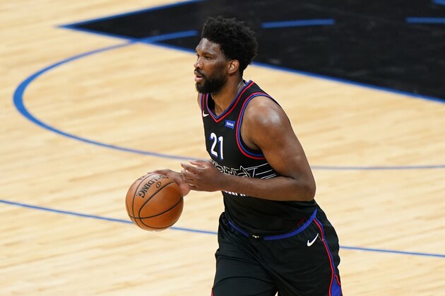Philadelphia 76ers' Joel Embiid plays during Game 1 of a first-round NBA basketball playoff series against the Washington Wizards, Sunday, May 23, 2021, in Philadelphia. (AP Photo/Matt Slocum)