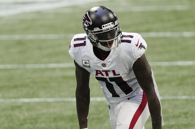 Atlanta Falcons wide receiver Julio Jones (11) works against the Denver Broncos during the second half of an NFL football game, Sunday, Nov. 8, 2020, in Atlanta. The Atlanta Falcons won 34-27. (AP Photo/John Bazemore)