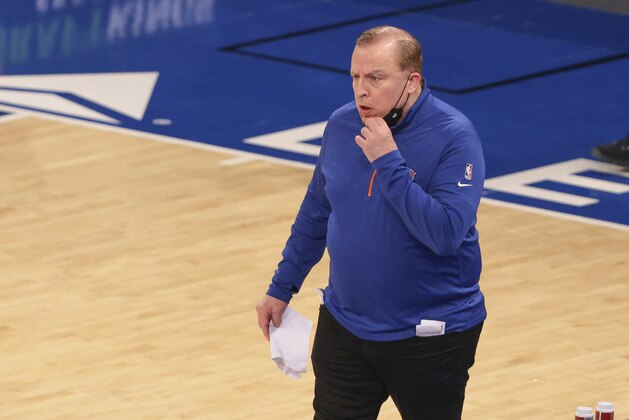 New York Knicks head coach Tom Thibodeau reacts after being assessed a technical foul during the second quarter against the Chicago Bulls at Madison Square Garden in New York on Wednesday, April, 28, 2021. (Vincent Carchietta/Pool Photo via AP)