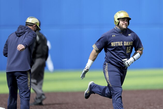 Notre Dame's Niko Kavadas #12 rounds third after a home run during an NCAA baseball game against Pittsburgh on Saturday, April 3, 2021, in Pittsburgh. (AP Photo/Gregory Payan)