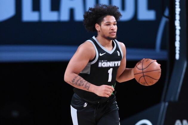 ORLANDO, FL - MARCH 4: Daishen Nix #1 of Team Ignite dribbles during the game against the Rio Grande Valley Vipers on March 4, 2021 at AdventHealth Arena in Orlando, Florida. NOTE TO USER: User expressly acknowledges and agrees that, by downloading and/or using this Photograph, user is consenting to the terms and conditions of the Getty Images License Agreement. Mandatory Copyright Notice: Copyright 2021 NBAE (Photo by Juan Ocampo/NBAE via Getty Images)