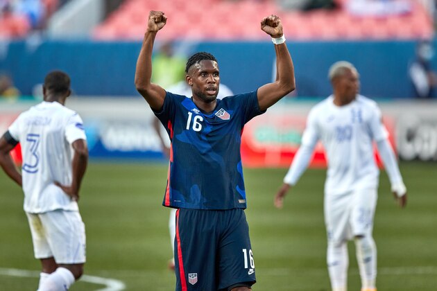 DENVER, CO - JUNE 03: United States forward Jordan Siebatcheu (16) celebrates with teammates after scoring a goal in action during the CONCACAF Nations League semifinal match between the United States and Honduras on June 03, 2021, at Empower Field at Mile High in Denver, CO. (Photo by Robin Alam/Icon Sportswire via Getty Images)
