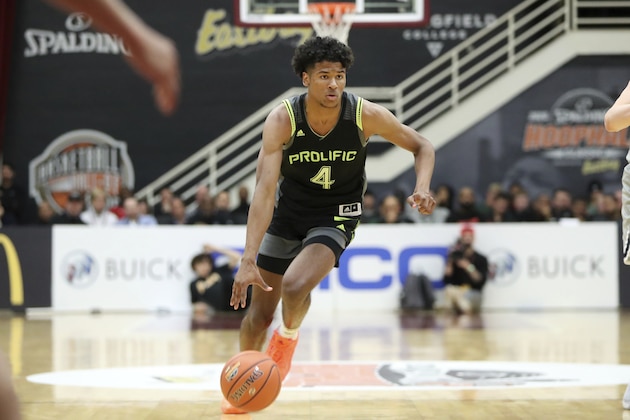 FILE - In this Jan. 19, 2020, file photo, Prolific Prep's Jalen Green dribbles against La Lumiere during a high school basketball game at the Hoophall Classic in Springfield, Mass. The G League's plan to sign elite players and offer them a spot in a one-year program that will prep them for the NBA draft is making a splash. (AP Photo/Gregory Payan, File)