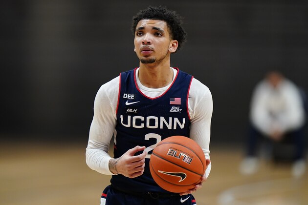Connecticut's James Bouknight plays during an NCAA college basketball game against Villanova, Saturday, Feb. 20, 2021, in Villanova, Pa. (AP Photo/Matt Slocum)