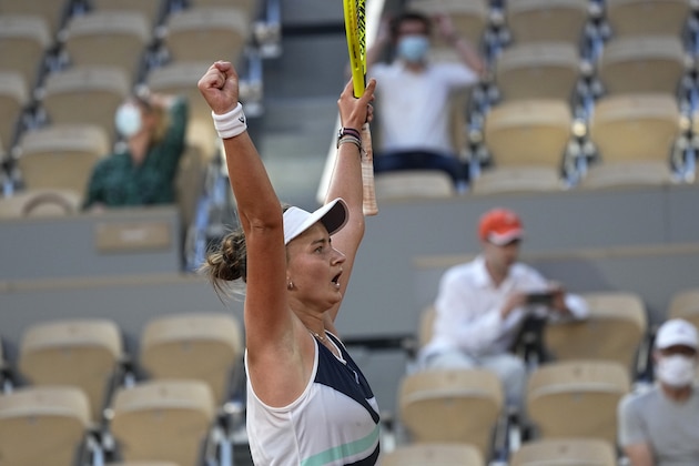 Czech Republic's Barbora Krejcikova reacts as she defeats Maria Sakkari of Greece during their semifinal match of the French Open tennis tournament at the Roland Garros stadium Thursday, June 10, 2021 in Paris. (AP Photo/Michel Euler)