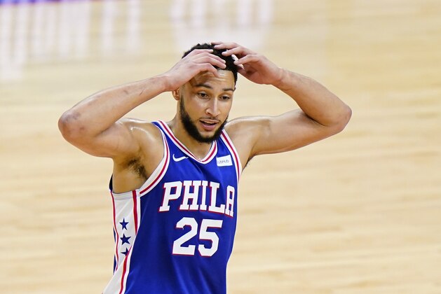Philadelphia 76ers' Ben Simmons plays during Game 5 in a first-round NBA basketball playoff series against the Washington Wizards, Wednesday, June 2, 2021, in Philadelphia. (AP Photo/Matt Slocum)