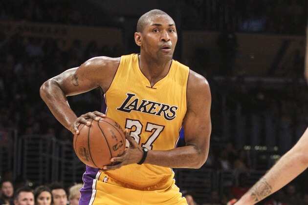 Los Angeles Lakers forward Metta World Peace (37) in actions during the second half of an NBA basketball game against Orlando Magic Tuesday, March 8, 2016, in Los Angeles.  Lakers won 107-98. (AP Photo/Ringo H.W. Chiu)