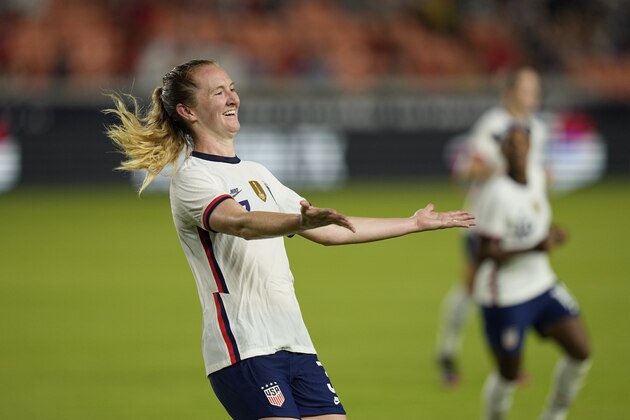 United States' Samantha Mewis (3) celebrates after scoring a goal against Portugal during the second half of an international friendly soccer match Thursday, June 10, 2021, in Houston. (AP Photo/David J. Phillip)
