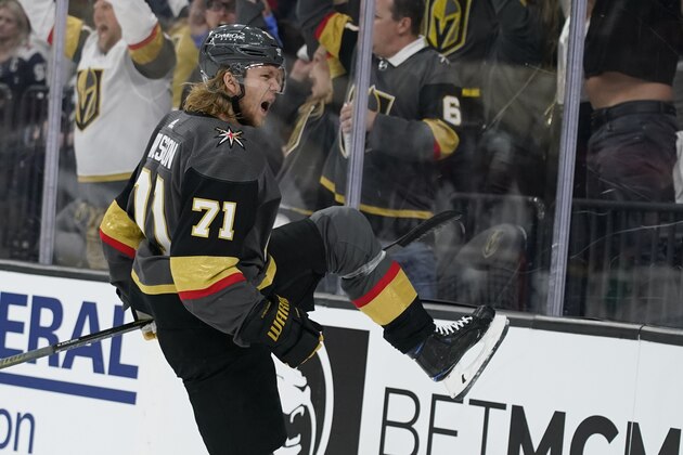 Vegas Golden Knights center William Karlsson (71) celebrates after scoring against the Colorado Avalanche during the second period in Game 3 of an NHL hockey Stanley Cup second-round playoff series Friday, June 4, 2021, in Las Vegas. (AP Photo/John Locher)
