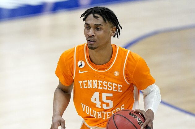 Tennessee's Keon Johnson plays against Alabama during the NCAA college basketball Southeastern Conference Tournament Saturday, March 13, 2021, in Nashville, Tenn. (AP Photo/Mark Humphrey)