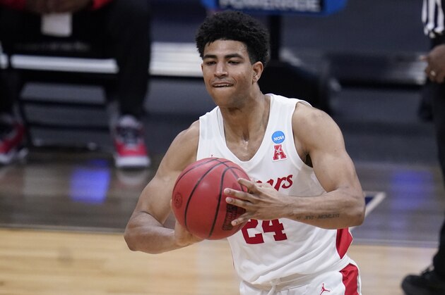 Houston guard Quentin Grimes plays against Syracuse in the second half of a Sweet 16 game in the NCAA men's college basketball tournament at Hinkle Fieldhouse in Indianapolis, Saturday, March 27, 2021. (AP Photo/Michael Conroy)